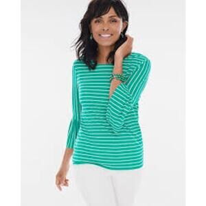 Chico's Size 1 (Medium) Green White Striped Flutter-Sleeve Keyhole-Back Top